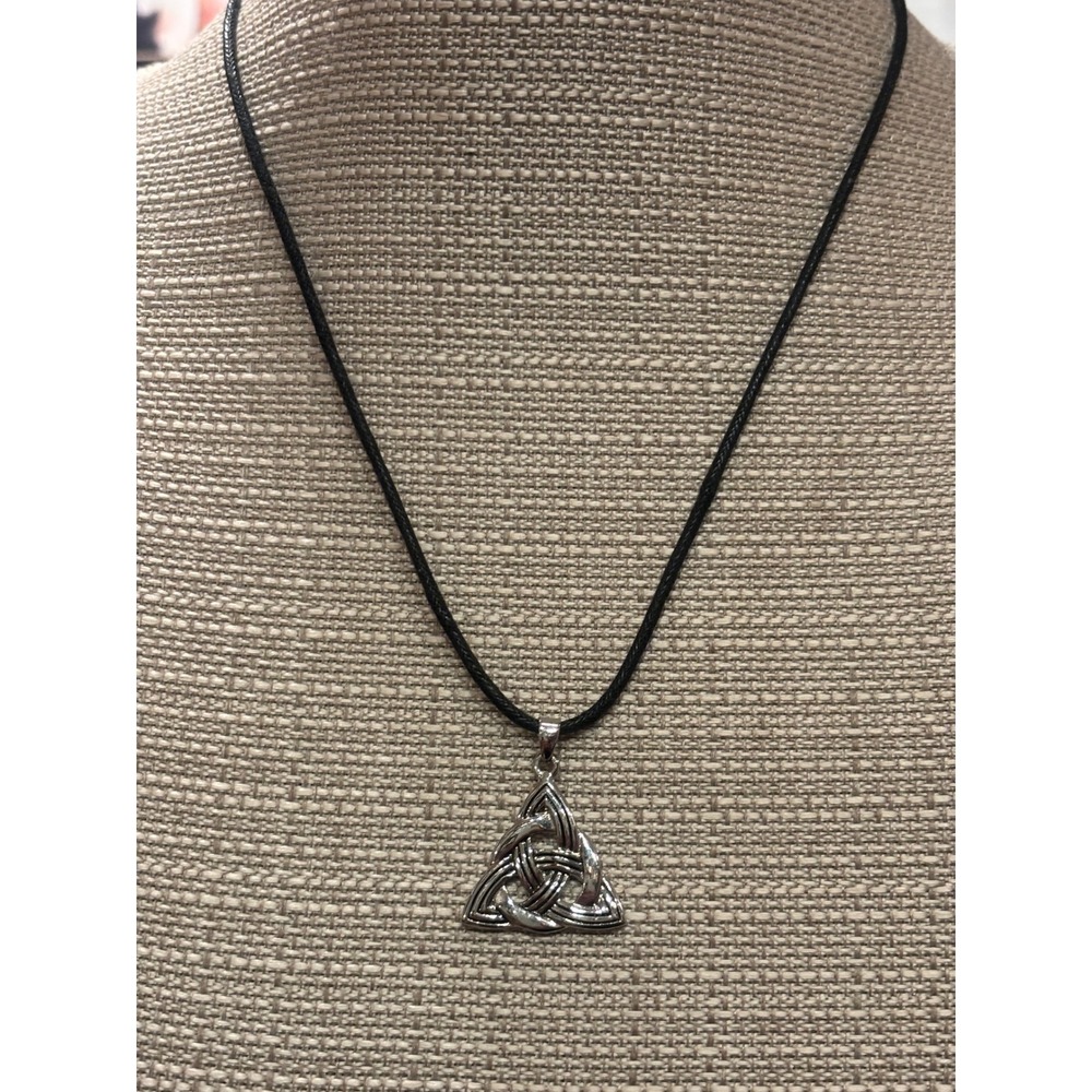 Silver Tone Celtic Triquetra Trinity Knot Pendant Black Cord Necklace Adjustable